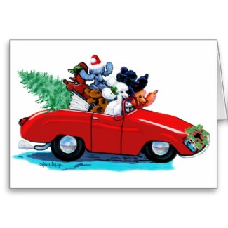 Red Sports Car with Poodles Christmas Card